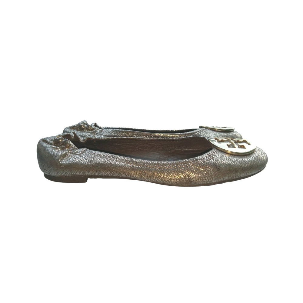 TORY BURCH Size 6.5 MINNIE Travel Ballet Flats, Gold Brown leather Slip On